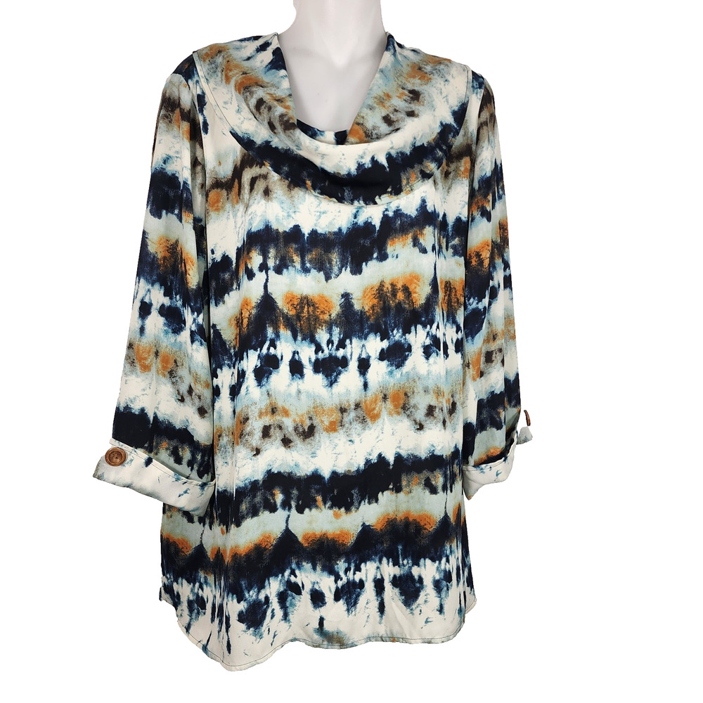 Ali Miles Women’s Top L Watercolor Cowl Neck 3/4 Cuffed Sleeve Artsy Eclectic